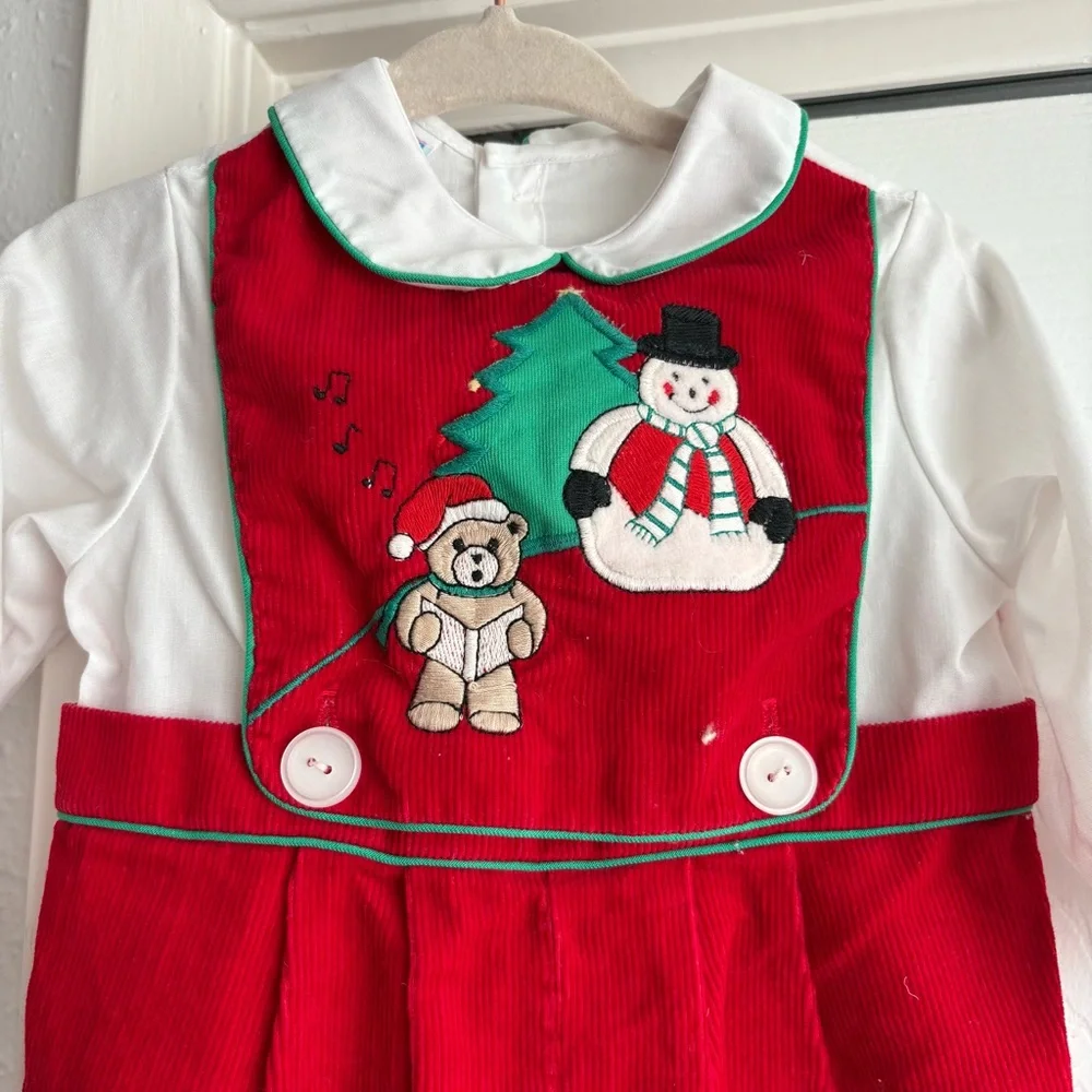 VINTAGE Christmas Winter Red Corduroy John John Jumpsuit Overalls